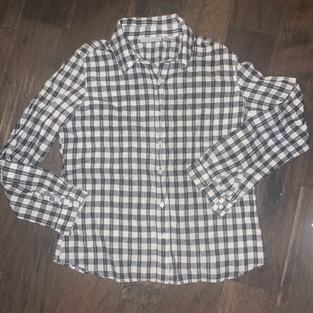 Angee ; Black White & Shimmer Silver Plaid Button Down Shirt